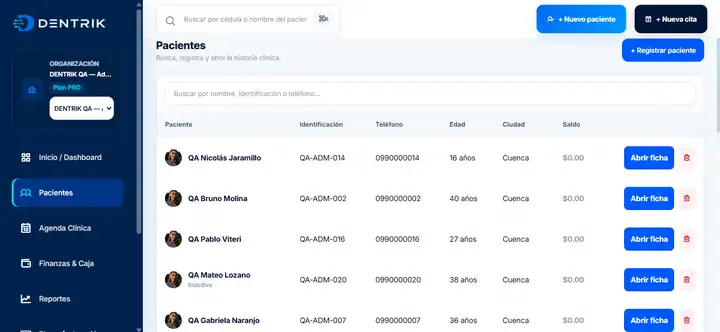 Vista real de la gestión de pacientes en DENTRIK